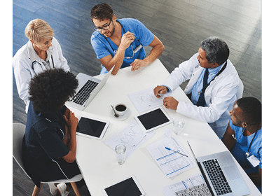 High angle shot of a team of doctors having a meeting in a hospital