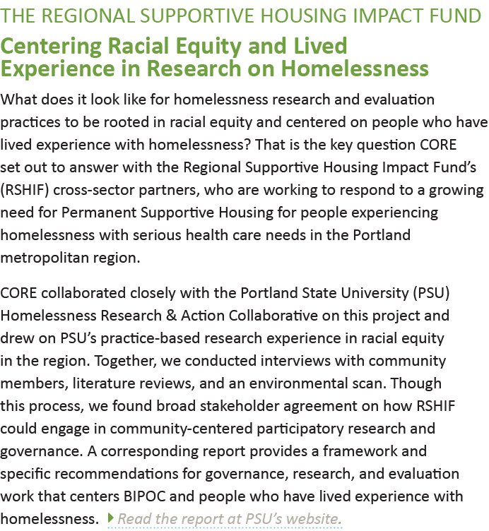 The Regional Supportive Housing Impact Fund Centering Racial Equity and Lived Experience in Research on Homelessness    