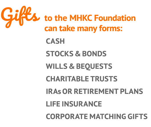 Gifts to the MHKC Foundation can take many forms: Cash Stocks & Bonds Wills & Bequests Charitable Trusts IRAs or Reti...