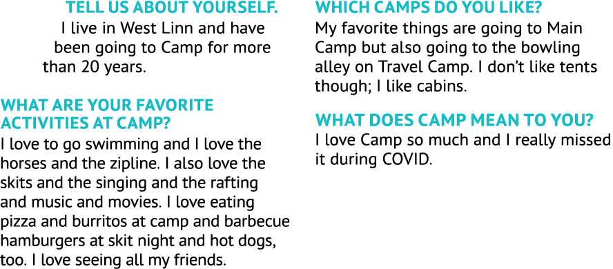 Tell us about yourself. I live in West Linn and have been going to Camp for more than 20 years. What are your favorit...